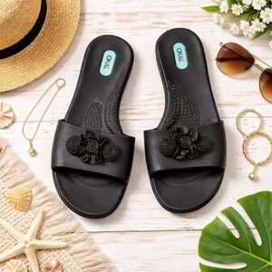 Oka-B Black Floral Applique Slide Sandals Massage Footbed Women's L Summer Shoes